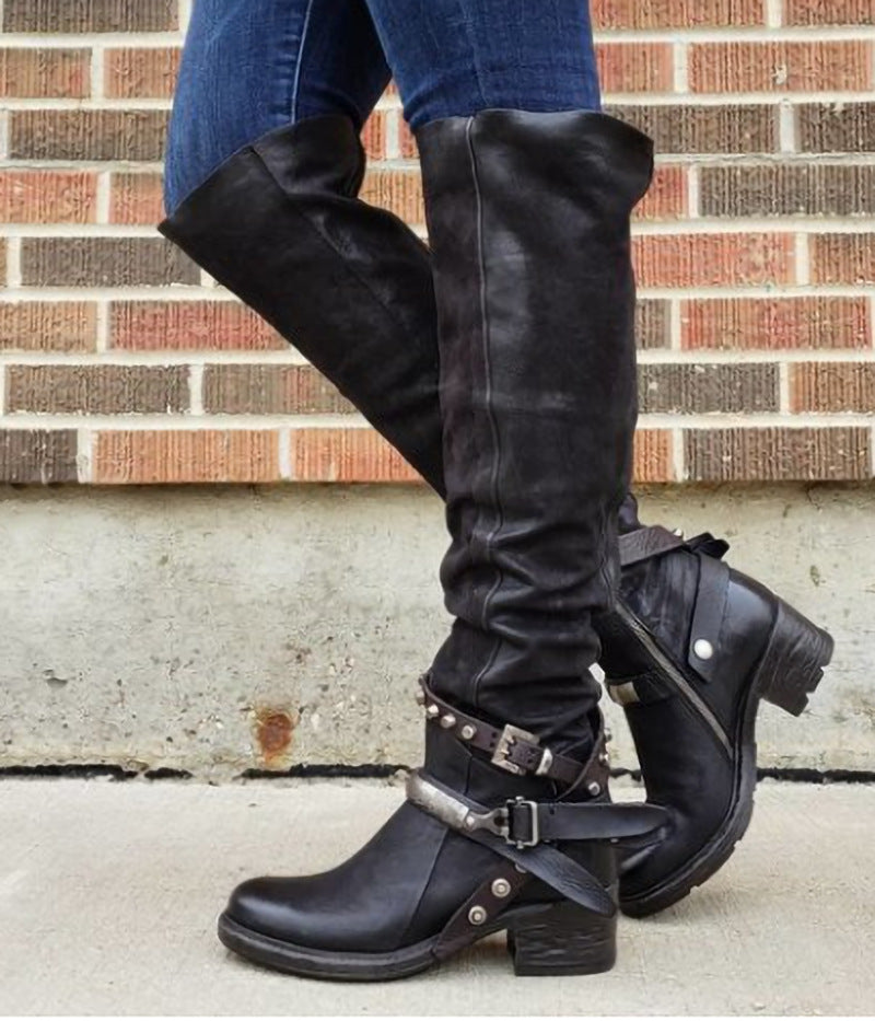 Knee high belt buckle boots