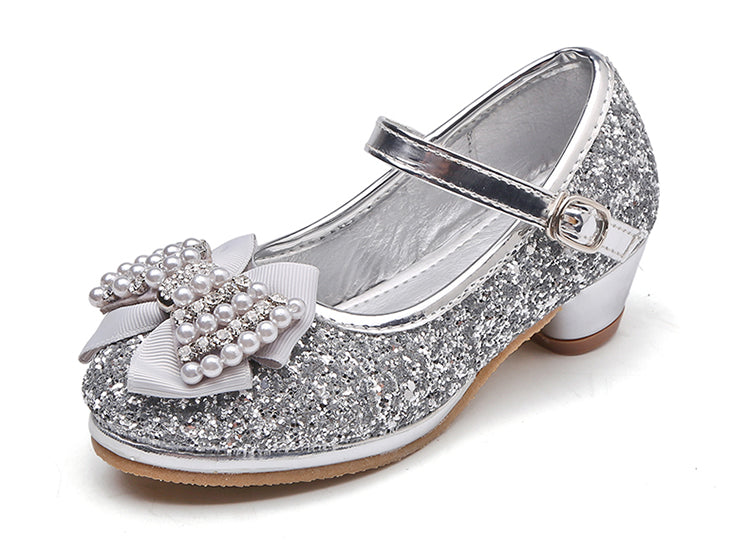 Children's bow high heel crystal shoes