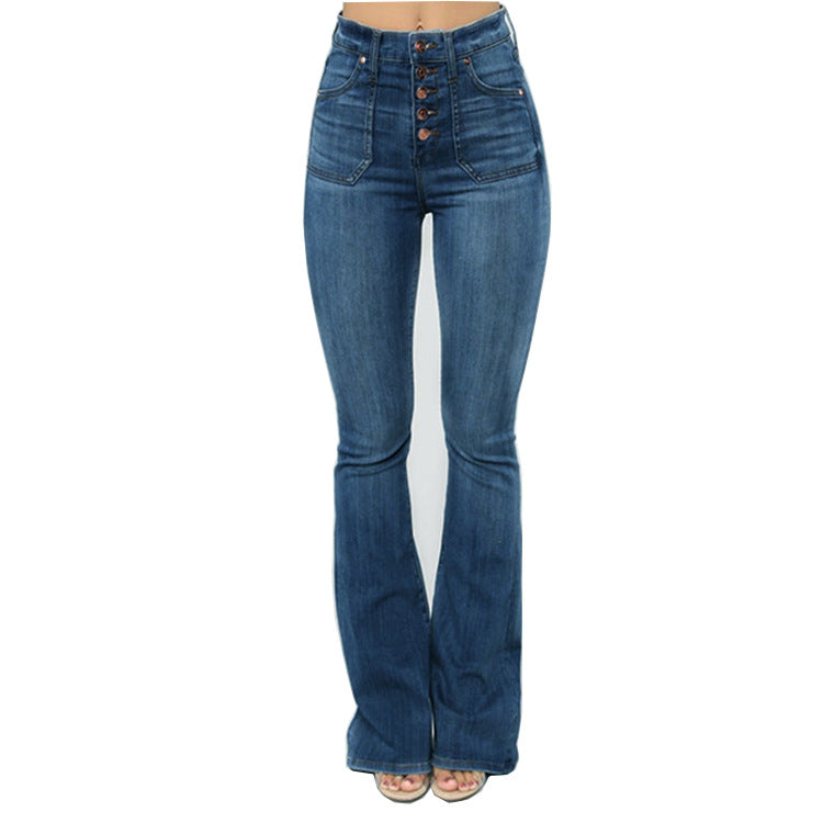 Ladies High Waist Long Jeans Patch Pockets