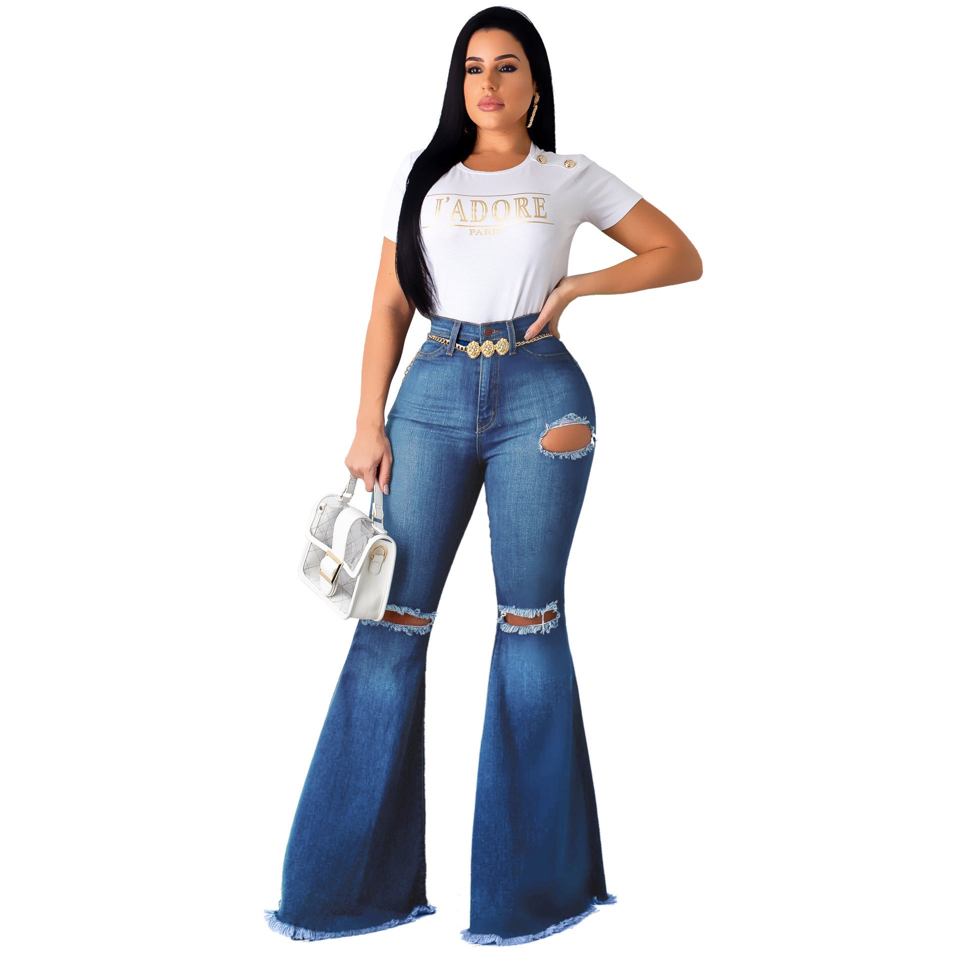 High-Waisted Retro Stretch Hip-Lifting Ripped Wide-Leg Flared Jeans