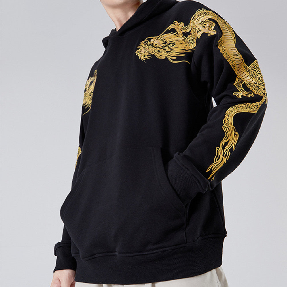 Retro Over-shoulder Dragon Embroidered Hoodie Boys And Girls Couple's Tops