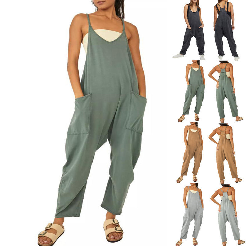 Women's Loose Sleeveless Jumpsuits Spaghetti Strap Long Pant Romper Jumpsuit With Pockets Zipper