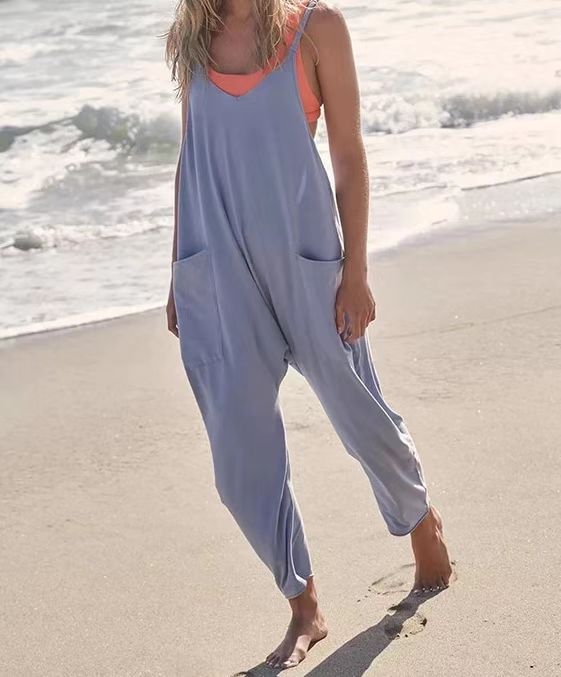 Women's Loose Sleeveless Jumpsuits Spaghetti Strap Long Pant Romper Jumpsuit With Pockets Zipper