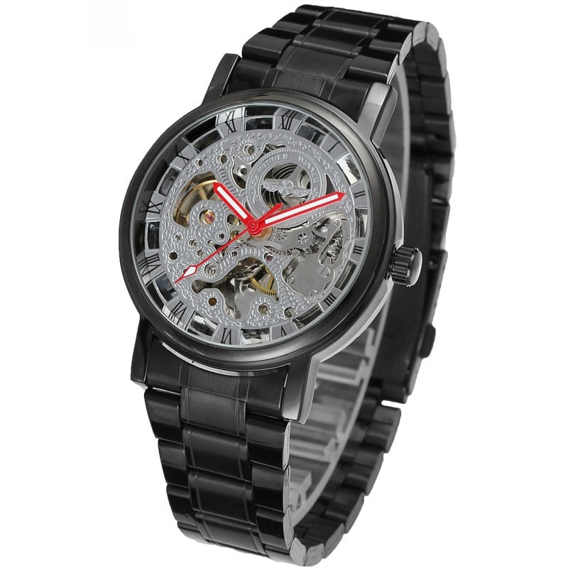 Winner Round Hollow Transparent Mechanical Steel Strap Watch