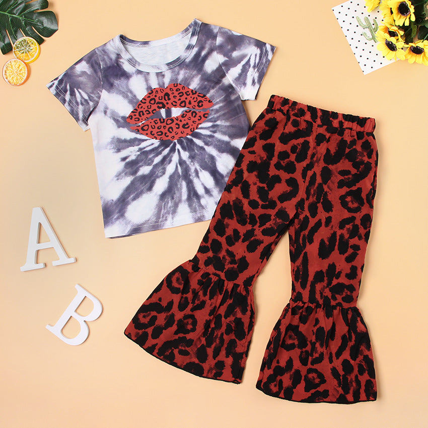 Shortsleeved Big Leopard Print Kids Suit