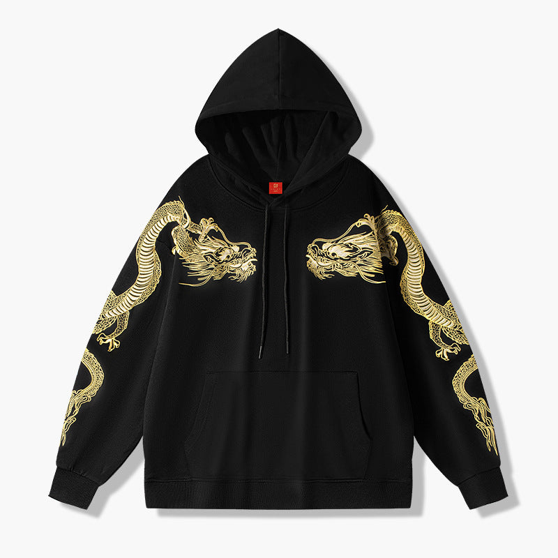 Retro Over-shoulder Dragon Embroidered Hoodie Boys And Girls Couple's Tops